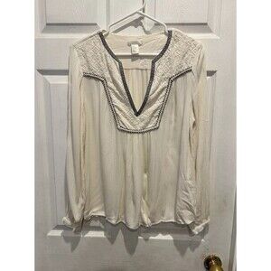 H&M Women's Off White  Chiffon Blouse Size 10 Long Sleeve Boho Embroidered